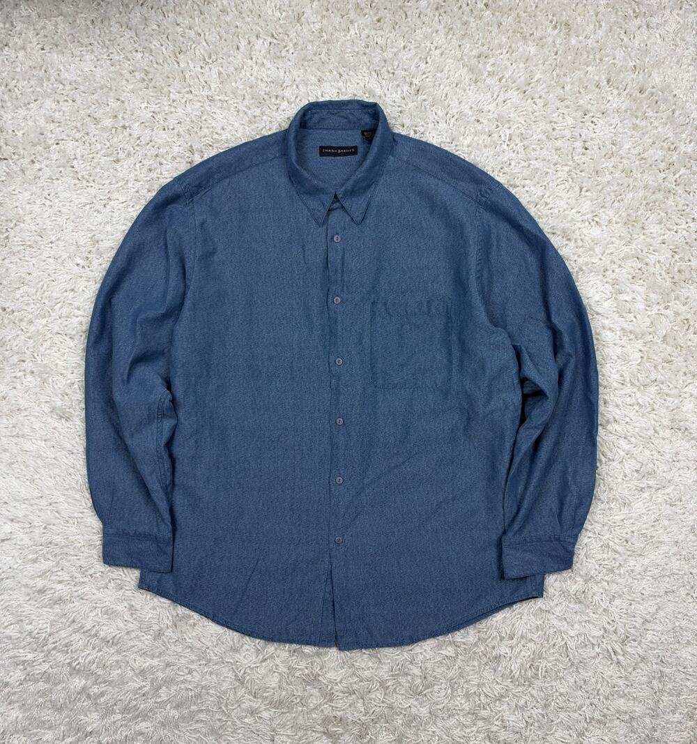 Jhane Barnes Mens XL Silk Cotton Blend Button Up Shirt Blue Long Sleeve Designer